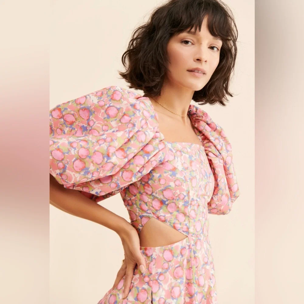 Aureta by Anthropologie Ada Mini Floral Puff Sleeve Dress Size L - Picture 2 of 14